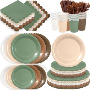 Zhehao 175 Pcs Woodland Party Supplies Set Green and Brown Disposable Tableware Kit with Plates, Cups, Napkins, Cutlery in Natural Earth Tones for Baby Shower, Birthday, Wedding Forest Events