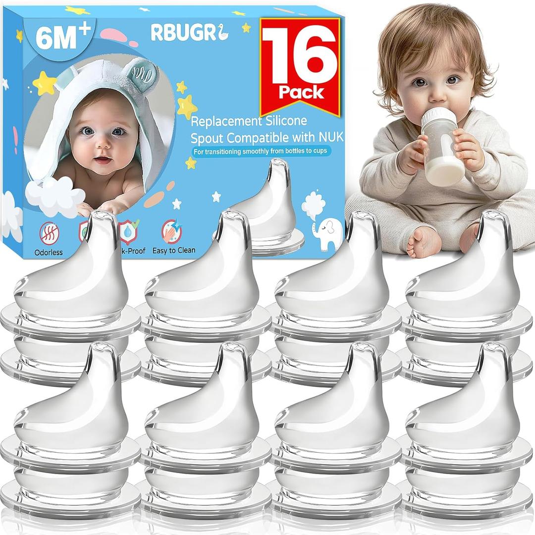 16 Pack Replacement Silicone Spout Compatible with NUK Active and Learner Cups, 100% Silicone Sippy Nipples for 6m+, Sippy Cup Nipple for NUK Learner Cup