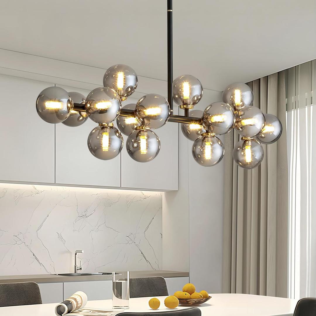 CROSSIO 16 Lights Mid Century Modern Chandelier Black Linear Chandelier Light Fixtures Glass Globe Sputnik Pendant Light for Dining Room Kitchen Island (Black, Smoke Gray Lampshade)
