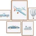 2 x Blue Car Wall Art Decor Boys Room Poster Vintage Train Transportation Wall Art (UNFRAMED) (White)