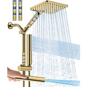 Filtered Shower Head with Handheld Spray Combo High Pressure Rain Shower Head Dual Shower Head with Filters - Removes Chlorine Height Adjustable & Built-in Power Wash (Gold)