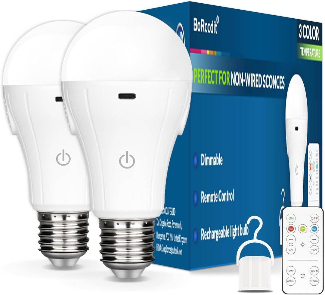 BoRccdit CordlessGlow Battery Operated Light Bulb with Remote3 Colors + Dimmable + Touch Control Rechargeable Light Bulbs for no-Hardwired Fixture, up to 24 Hours,2Pack (2 Packs-E26/E27, 3000-4000-6000k)