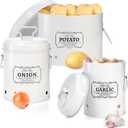 Suwimut Set of 3 Vegetable Storage Tins, Metal Potato Onion Garlic Storage Bin, Kitchen Canisters Vegetable Fresh Keeper Garlic Container Onion Keeper Potato Bin with Aerating Holes and Lid