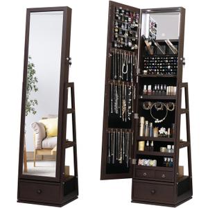 Swivel Full Length Mirror Jewelry Cabinet Standing With Built-In Mirror - 63.7H Lockable Storage Jewelry Armoire With Mirror Drawers 3 Storage Racks Christmas Gift for Women Brown