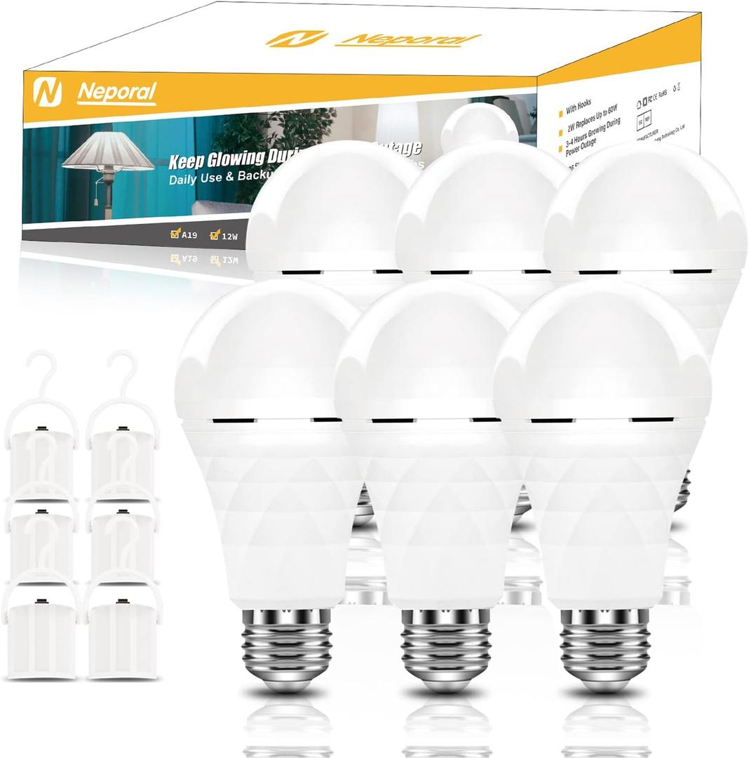 Neporal A19 Rechargeable Light Bulbs, Socket Rechageable Battery Backup for Power Outages, Emergenecy Light Bulbs for Power Failure, Hurricane, Led Bulb 60 Watt Equiv., (Daylight-6 PK) (6 Count (1200mAh), White)