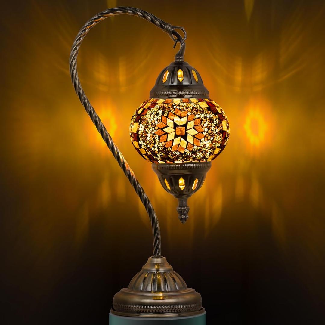 Marrakech Tiffany Lamp Turkish Table Lamp with Vintage Style, Handmade Moroccan Lamps with Mosaic Stained Glass&Swan Neck Bronze Base Including LED Bulb for Living Room Bedroom Decor (Yellow)