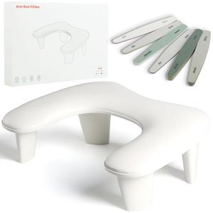 Two Hands Arm Rest for Nails Tech U-Shape Nail Hand Pillow with 6Pcs Nail Files Professional Portable Nail Stand Hand Rest Leather Manicure Rest Stand Salon Manicurist Essentials (White)