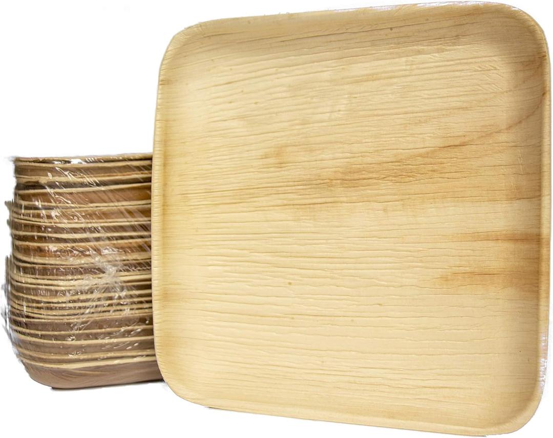 Disposable Party Plates Square 8" [200] Eco Friendly Palm Leaf Plates Biodegradable For Party,BBQ,Camping,Wedding | Bamboo Plates Disposable Compostable Rustic Party Plates (beige,yellow ,wooden)