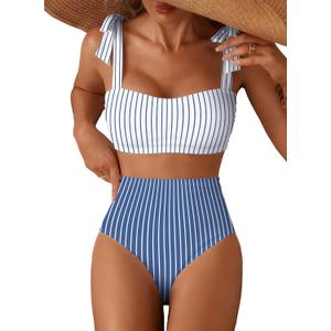 Herseas Women's Tie Shoulder Bikini Sets 2 Piece Striped Swimsuits High Waisted Bathing Suits (XS)