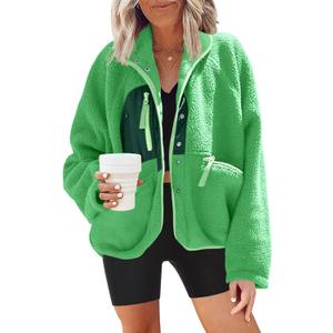 Nirovien Womens Fuzzy Fleece Jacket Button Down Sherpa Coats Casual Winter Warm Outwear with Pockets (Medium, Green Combo)