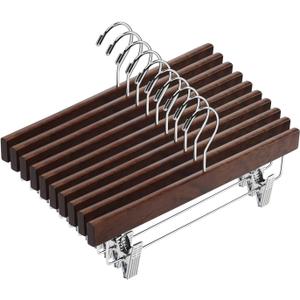 AMKUFO 20pcs Wooden Pants Hangers Solid Pants Hangers with Adjustable Clips 14 Inch Walnut Wood Skirt Hangers Trousers Bottom Hanger with Non-Slip Clips and 360 Swivel Hook, Walnut