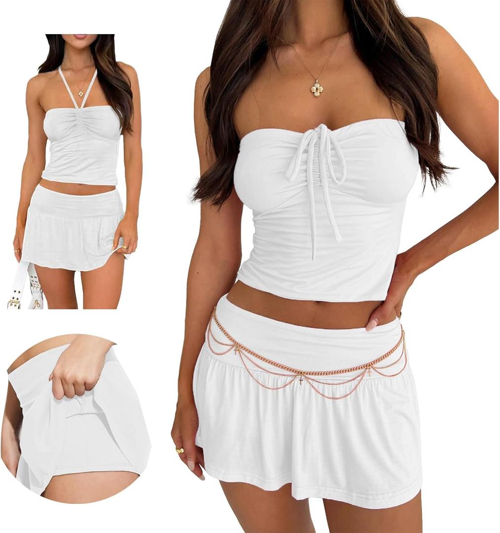Hafailia Summer Two Piece Outfits for Women Y2K Going Out Tie Ruched Tube Crop Tops Low Rise Pleated Mini Skort Skirt Sets (Large, White)