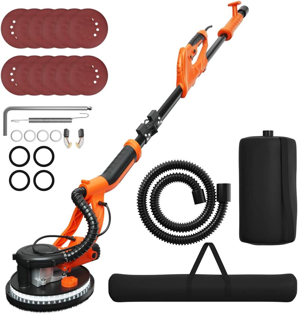 Goplus 750W Drywall Sander, Electric Foldable Sander Machine w/Dust-Free Automatic Vacuum System, 6 Variable Speed 800-1750 RPM, Double-Deck LED Lights, 12 Sanding Disks & Carrying Bag (Foldable)