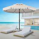 AreShark 9FT Patio Umbrella with Fringe, Wind-Resistant Fiberglass 8 Ribs Tassel Outdoor Umbrella with Crank and Push Button Tilt, Double Tier Vent Sun Shade for Pool, Deck, Backyard, Off-White