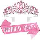 Birthday Tiara for Women, Tiara for Women Pink Rhinestone, Happy Birthday Queen Tiara for Women, Crown for Girls Tiaras Birthday Queen Crowns with Birthday Girl Sash Pack of 2