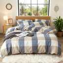 DONEUS 100% Washed Cotton Duvet Cover Set Super Soft Breathable Comfy Natural Linen Like Textured Bedding Set 3 Pieces with Zipper Closure (Blue Tan Plaid, Queen)