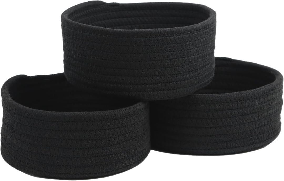 Small Basket, Set of 3 Woven Baskets, Cotton Rope Small Baskets for Organizing, Cute Mini Tiny Storage Basket for Gifts, Decorative Boho Round Bathroom Organization Bin (Black)
