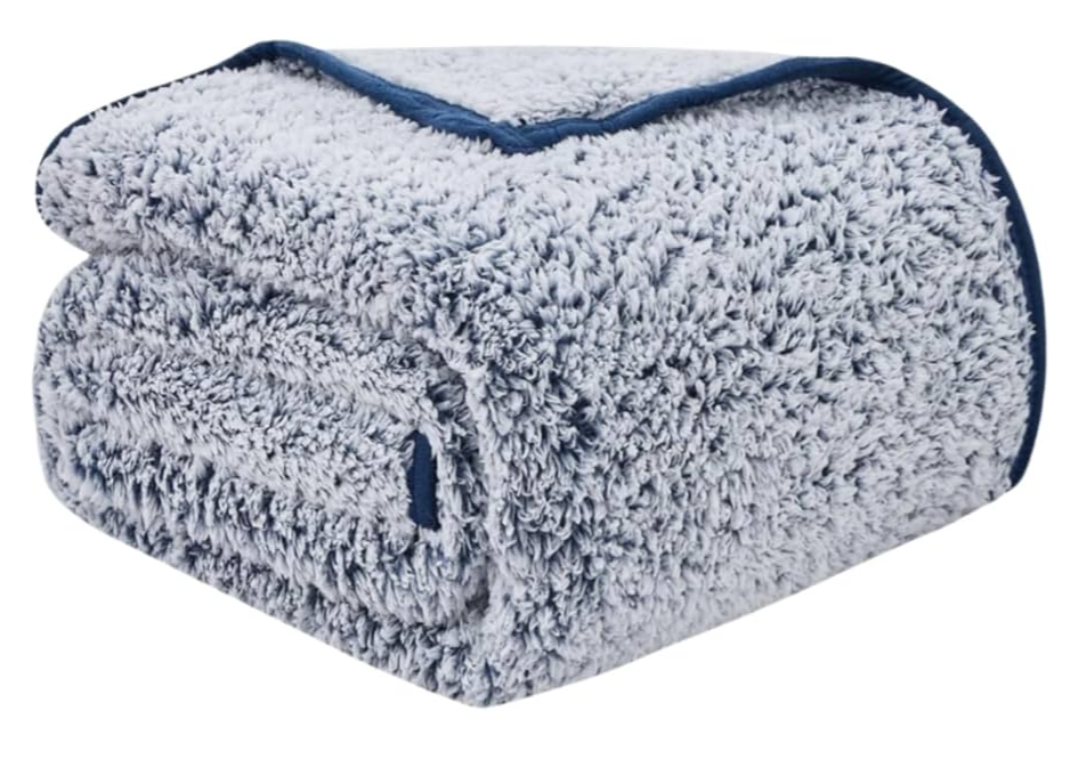 EMME Soft Sherpa Fleece Blanket Queen Size Reversible Plush Fluffy Large Blanket Warm Decorative Boho Cover for Sofa, Couch, Bedroom, Travel(Plush Navy, 90"x90")