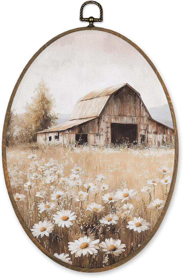 LKETW Farmhouse Country Wildflower Oval Wall Art Decor, Vintage Rustic Nature Daisy Floral Oval Canvas Hanging Decor, Retro Landscape Wall Decorations for Home Bedroom Living Room, 8.6x11.4 Inch