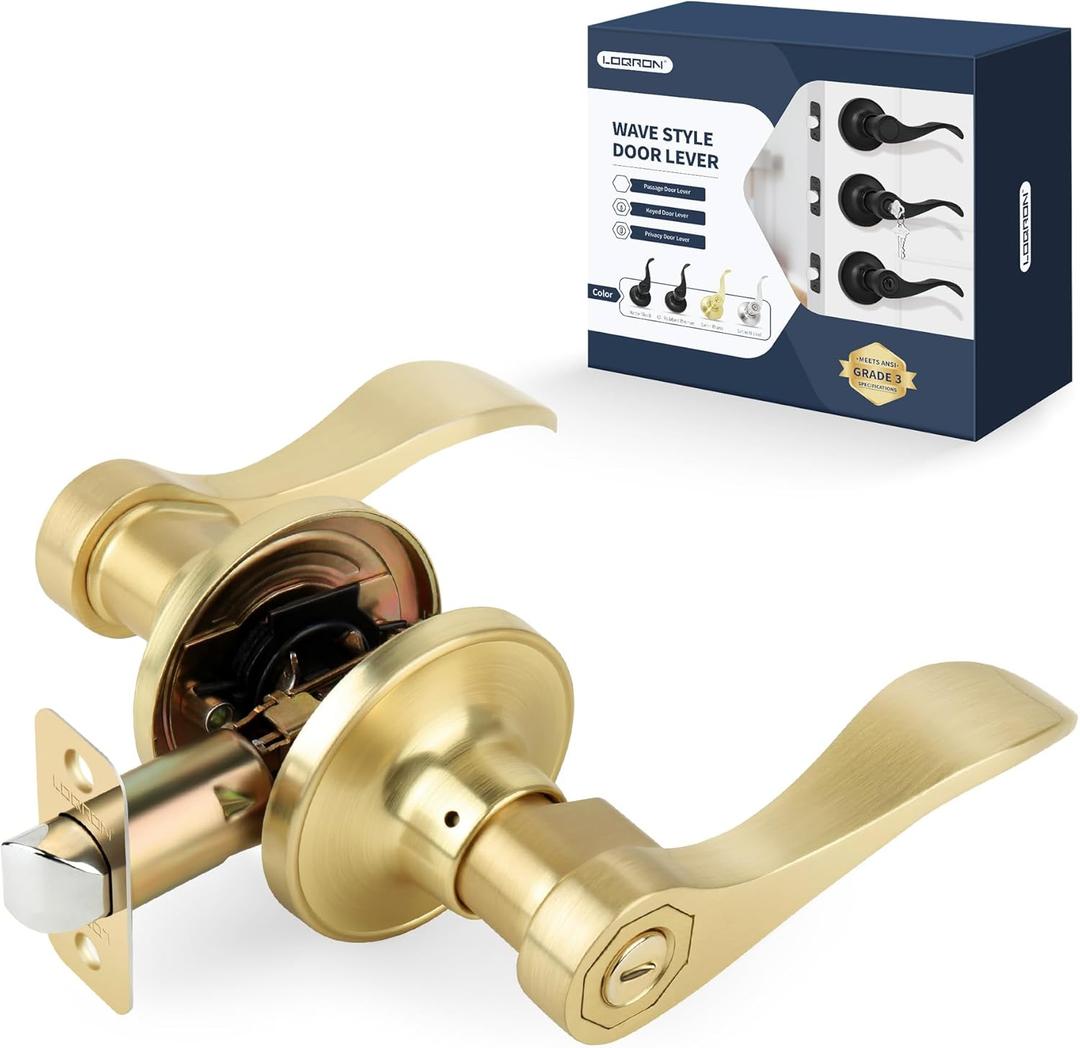 Privacy Wave Style Gold Door Handles (No Key) Interior for Bathroom and Interior Closet, Brushed Gold Door Lock with Reversible Lever, Satin Brass,1 Pack