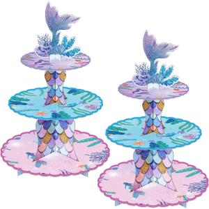 2 Pack Mermaid Cupcake Stand Birthday Party Decorations, Under The Sea Supplies Favors with Mermaid Tail Toppers for Little Girl, Baby Shower