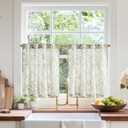 jinchan Linen Floral Tier Curtains 24 Inch Farmhouse Botanic Cafe Curtains Light Filtering Drapes for Small Windows Back Tab Half Window for Kitchen Living Room Bathroom 2 Panels Green (Floral Sage Green on Beige)