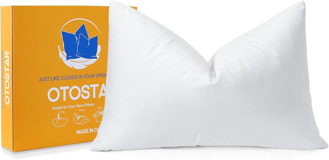 OTOSTAR Pack of 1 Down and Feather Throw Pillow Inserts, 12 x 20 Soft Fluffy Pillow Inserts with 100% Cotton Cover Decorative Pillows for Sofa Couch Bed-White (12x20 Inch (Pack of 1))