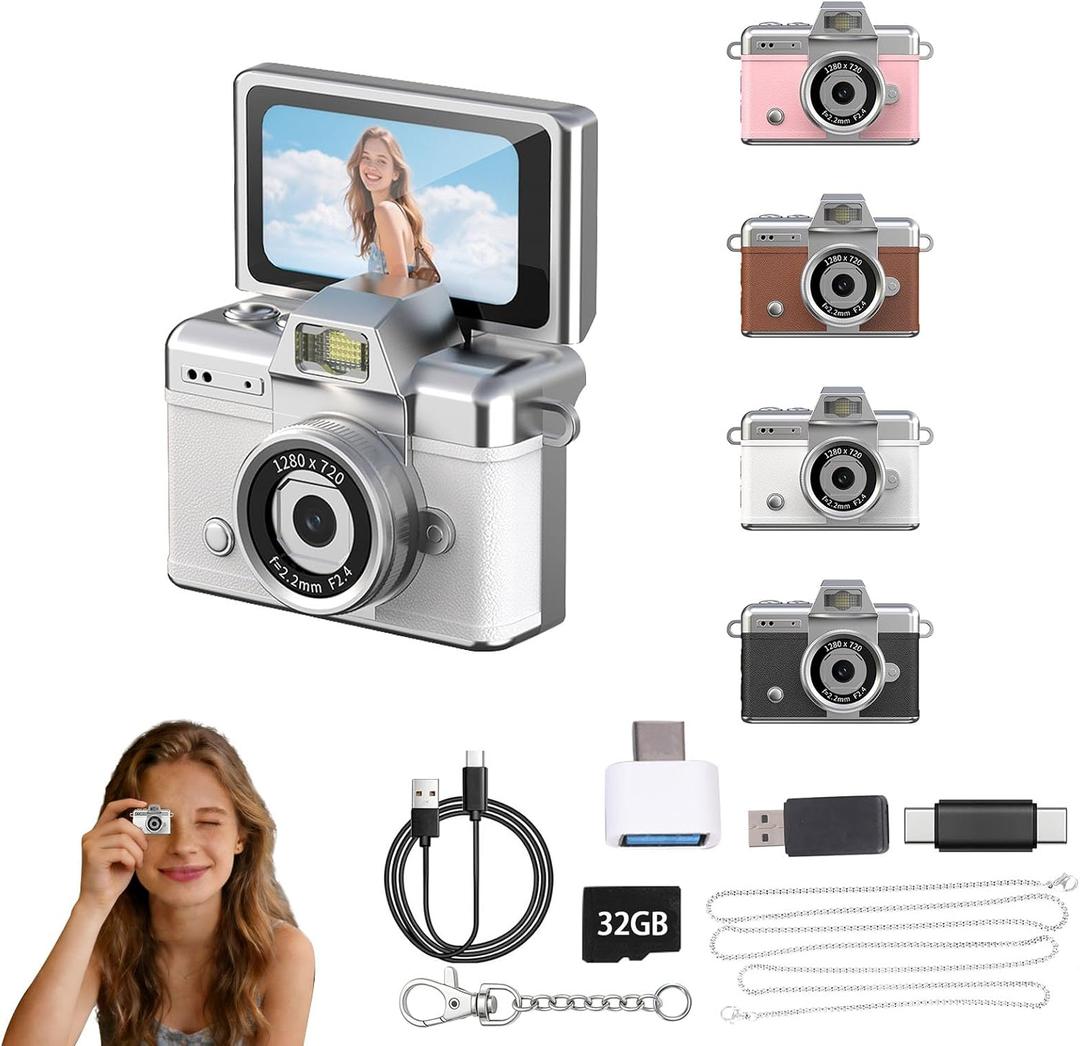 Mini Keychain Camera,1080P Mini Digital Camera,Retro Flip Screen Small Bodycam,Pocket-Sized with Adapter and 32GB Card (Expandable to 128GB),Novelty Gadgets,for Kid,Travel,Vlog,Collection