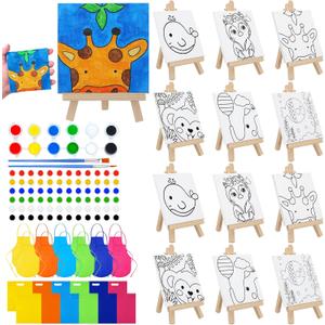 Tenceur 48 Pcs Kids Paint Party Favors Sets with 12 Pcs Animals Pre Drawn Canvas Panel and Wooden Easel Set Paint Pots and Brushes 12 Mini Apron and Tote Bag for Kids Girls Student Boys