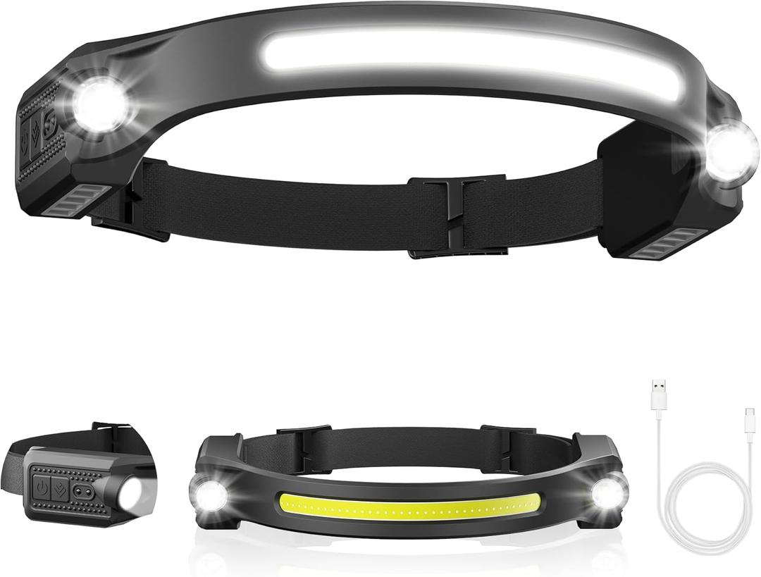 AlpsWolf Headlamp Rechargeable LED 1Pack - 2 XPE LED and COB LED Head Lamp, Motion Sensor, 260 Wide Beam, IPX4 Waterproof, Rechargeable Headlight for Camping Accessories
