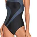 Womens Athletic One Piece Swimsuit Racerback Competitive Training Bathing Suit, Gray/Black, XL