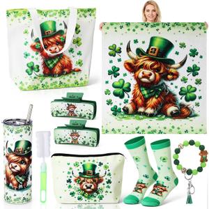 FoldTier 8 Pcs St. Patrick's Day Highland Cow Gifts for Women Irish Highland Cow Stuff with 20oz Tumbler Blanket Canvas Tote Bag Makeup Bag Socks Keychain Hair Claw Gift for Coworker Friend Lover