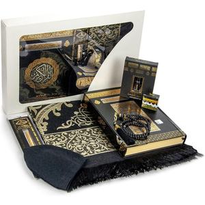 ihvan online Luxury Islamic Prayers Gift Box, Quran & Prayer Beads Tesbih & Muslim Prayer Rug & Miswak Stick & Solid Smell & Kufi Hats & Hacerul Esved, Deluxe 8 Piece Set Ramadan & Eid Gifts (Black / Set 4)