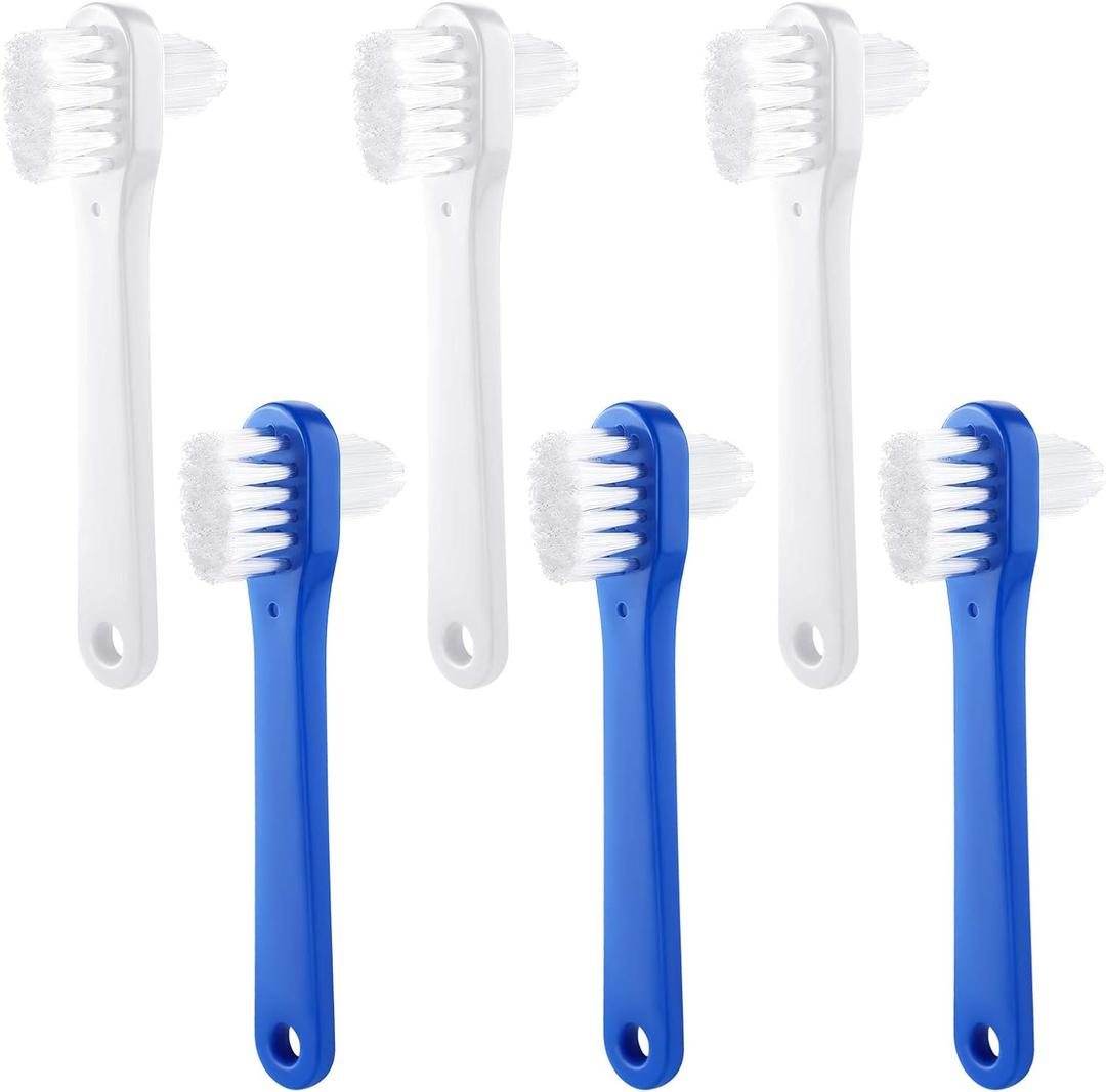 Patelai 6 Pack Denture Cleaning Brush Dual Head Portable Denture Toothbrush Hard Double Sided Multi-Layered Bristles False Teeth Toothbrush for Care Clean Clear Brace Mouth Guard(Blue White,Flat)