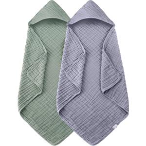 2 Pack Hooded Baby Towels - 100% Muslin Cotton for Newborns, Infants, Toddlers - Large 32x32Inch Size - Highly Absorbent and Essential for Newborn Care, Green and Grey