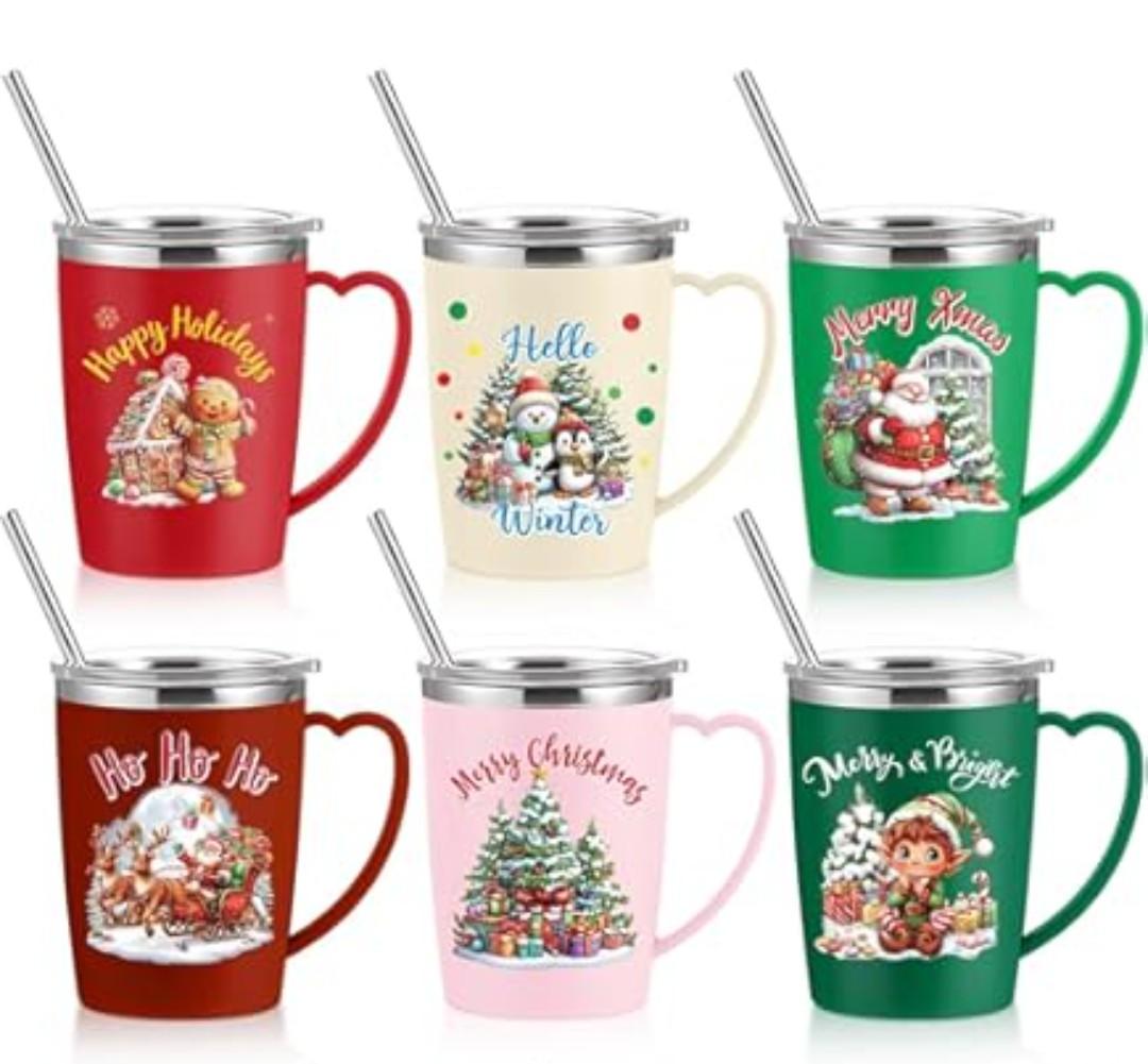6 Pcs Christmas Coffee Mugs Cups 16 Oz Merry Christmas Stainless Steel Insulated Tumblers Set with Handle Lid Straw  Snowman Hohoho Mugs Gifts for Winter Holiday Party