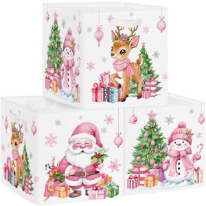 Clastyle 3 Pcs Large Christmas Tree Storage Basket Set Santa Claus Candy Snowman Book Toy Basket Snowflake Xmas Gift Storage Bins Boxes for Laundry Nursery Home,Pink Deer,11.8x11.8x11.8 in