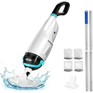 Cordless Handheld Pool Vacuum for Above Ground Pool - 26.5GPM Real Suction,Time-Saving Directional-Control,1H Runtime,2 Vac Heads &4 Filter Bags for Hot Tubs & Inground Pools-White
