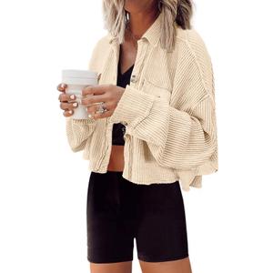 Panadila Women's Cropped Waffle Knit Shacket Short Button Down Jacket Batwing Sleeve Shirts with Pocket (Beige), Small