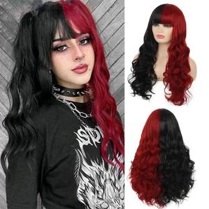 Half Red Black Wigs with Bangs Long Curly Wavy Cosplay Wig Synthetic Heat Resistant Halloween Costume Wig With Wig Cap