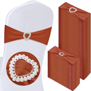 VitalCozy 100 Pcs Spandex Chair Sashes with Heart Shaped Buckle Slider Stretch Chair Cover Band Universal Elastic Ties for Wedding Banquet Event Party Decoration(Terracotta)