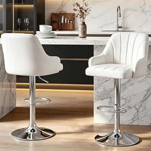 VECELO Bar Stools Set of 2, Adjustable Barstools, Counter Height Stools with Back and Arm, Kitchen Island Stools, Swivel PU Leather Stools, Modern Style, White