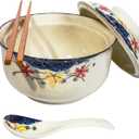 Ceramic Ramen Bowl Set, 800ml, with Lid, Spoon and Chopsticks, Japanese Vintage Large Soup Bowls Instant Noodle Bowl Asian Tableware (Color*1)