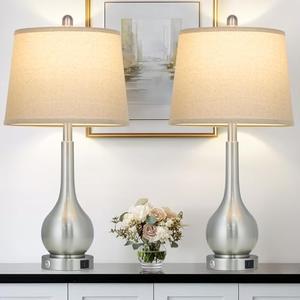 Rinweey 26" Silver Table Lamps Set of 2 for Living Room, Touch Control Bedside Lamp with USB Charging Ports, 3-Way Dimmable Brushed Nickel Bedroom Lamps for Nightstand (2 LED Bulbs Included)