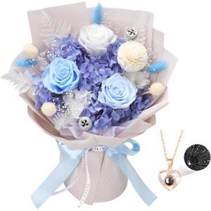 Preserved Flowers for Delivery, Blue Flower Bouquets with Necklace, Forever Real Roses Anniversary Birthday Gifts for Women Mom Wife Girlfriend, Fresh Flowers for Valentines Day Christmas
