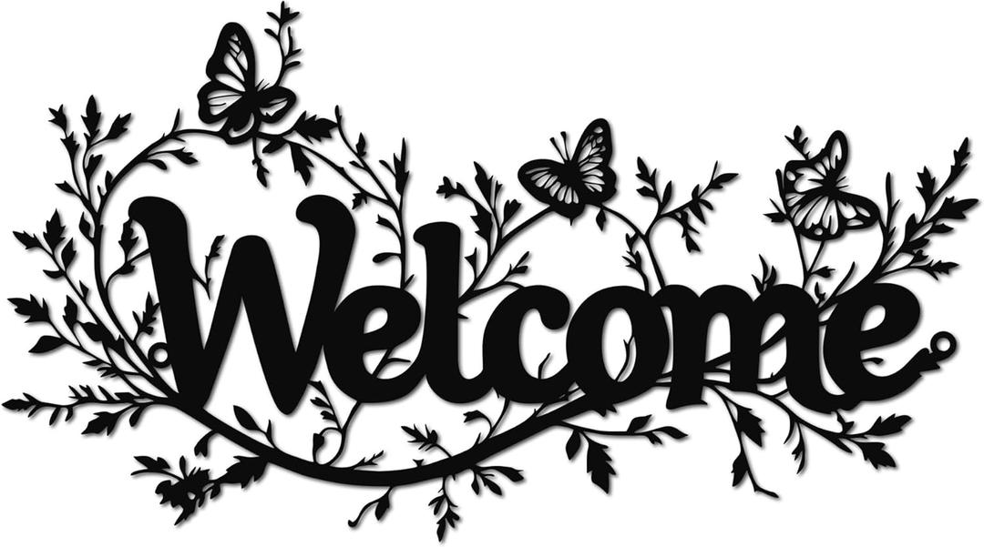 Vintage Welcome Floral Vine Metal Wall Decor- Rustic Farmhouse Entryway Sign, Indoor Outdoor Home Accent (14.57"x8.07", Black)