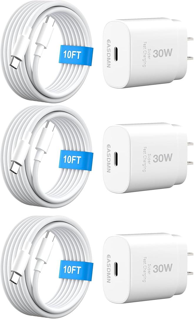30W USB C i Phone 16 15 Charger Fast Charging, 3PACK Wall Charger for iPhone 16 15 Pro Max Charger Cord 10FT Fast Type C Charger Block for iPhone 16/16 Pro/15 Plus/15 Pro/15 Pro Max, iPad Pro, White (10FT, 3Pack-White)