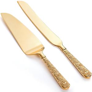 Dicunoy 2 PCS Gold Cake Knife and Server Set, Wedding Cake Cutting Utensils, Vintage Engraved Cake Cutter and Serving Spatula for Birthday,Anniversary, Vibrant Gold