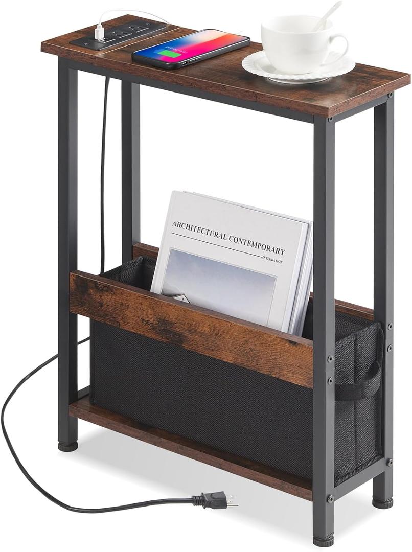 Slim Charging End Table with Storage - For Small Spaces and Bedroom, Rustic Brown