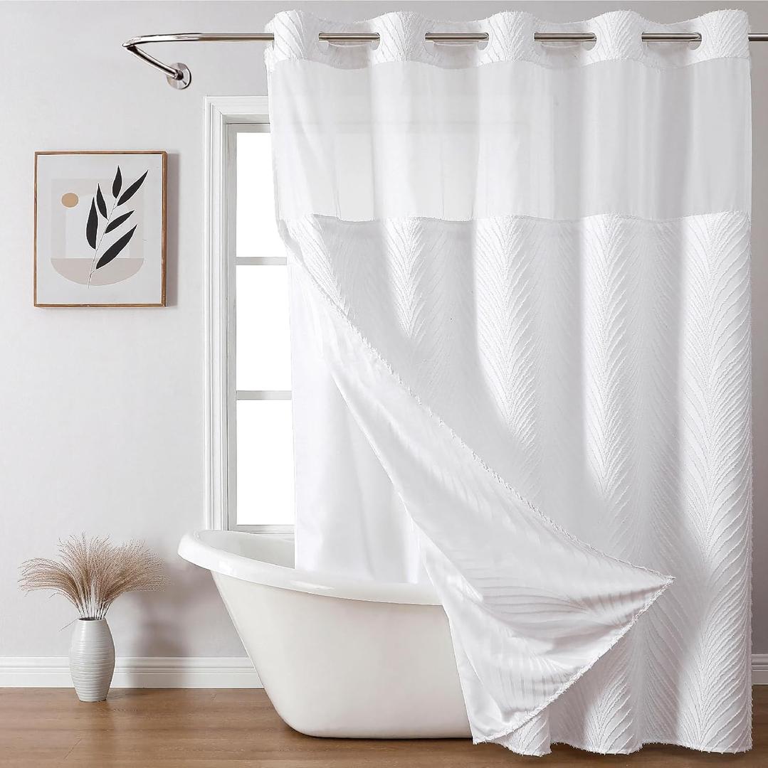 No Hook Shower Curtain and Liner Set,No Hook Tufted Striped Textured Shower Curtain with Snap in Liner Replacement and Waterproof Fabric,Boho Style with See Through Top Window,White,71Wx74H (71"W x 74"L (Pack of 1), Purewhite)